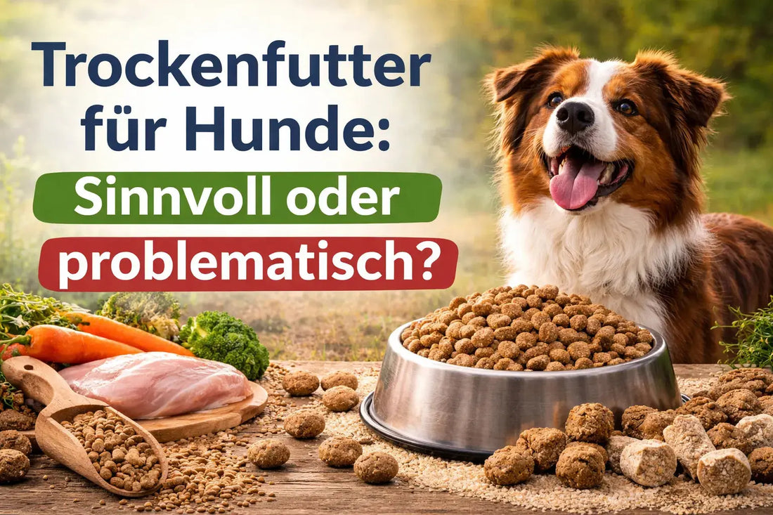 Trockenfutter für Hunde – hochwertiges Hundefutter mit Kroketten im Napf, Vergleich von extrudiertem und kaltgepresstem Futter sowie natürlichen Zutaten