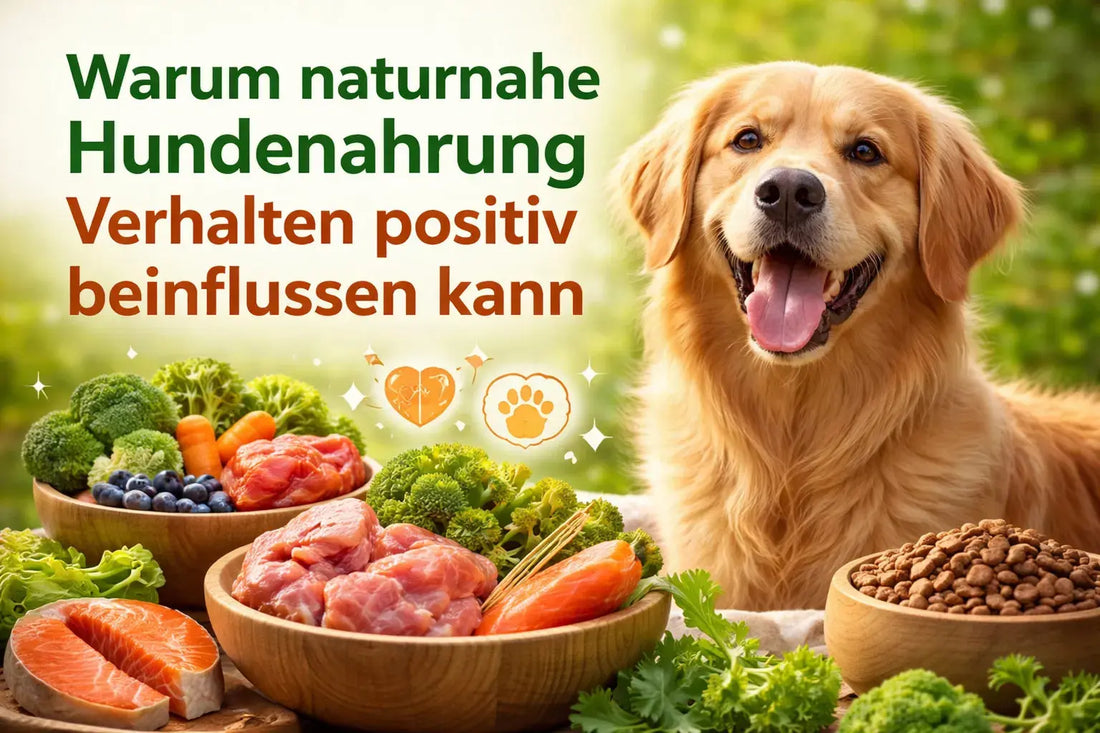 Golden Retriever mit natürlicher Hundenahrung aus frischem Fleisch und Gemüse – gesundes Hundefutter unterstützt Verdauung, Wohlbefinden und positives Verhalten.