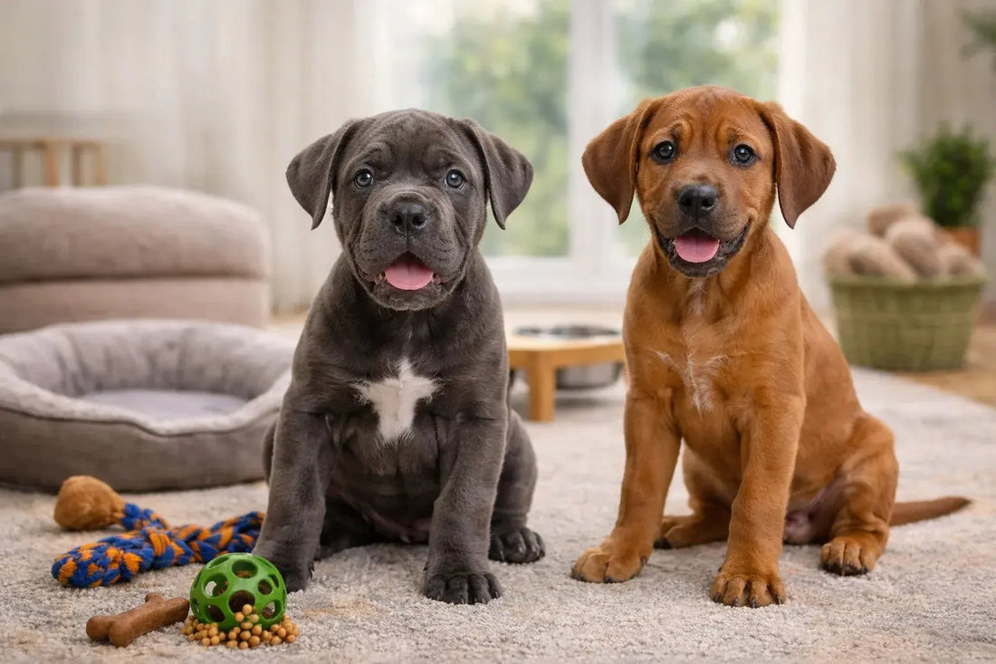 Cane Corso Welpe und Rhodesian Ridgeback Welpe mit Erstausstattung wie Hundebett und Spielzeug im Wohnzimmer