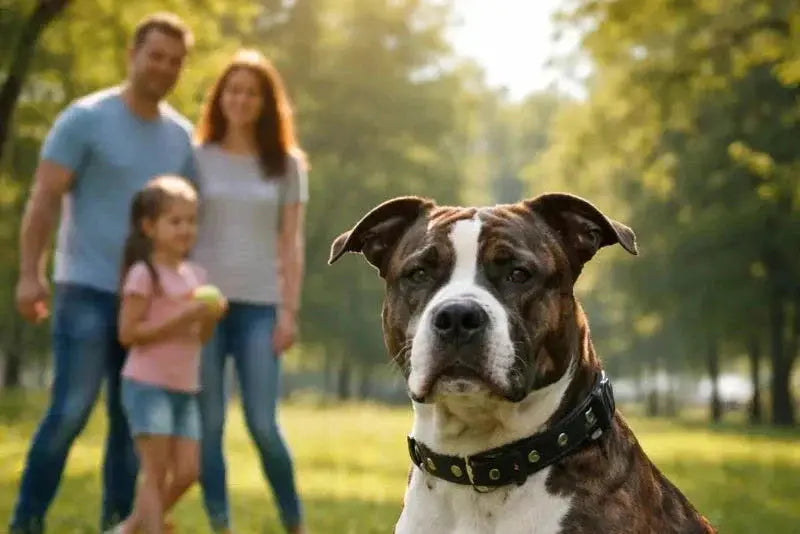 Listenhund (Staffordshire Terrier) sitzt ruhig im Park mit Familie im Hintergrund – Kampfhunde Mythos, Fakten und verantwortungsvolle Haltung