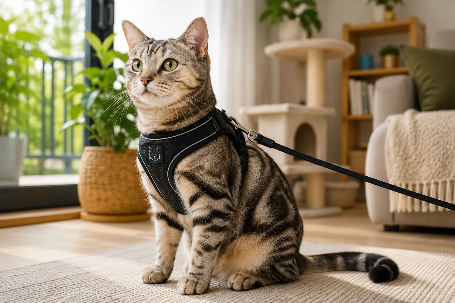 Sicherheitszubehör für Katzen – Hauskatze trägt ein sicheres Katzengeschirr in einem modernen Wohnambiente und ist optimal für sichere Ausflüge ausgestattet.