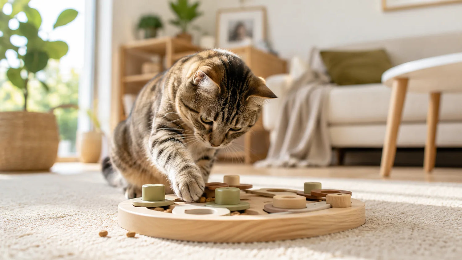 Intelligenzspielzeug für Katzen – neugierige Hauskatze spielt mit interaktivem Futterspielzeug aus Holz in einem modernen Wohnzimmer und fördert ihren natürlichen Jagdinstinkt.