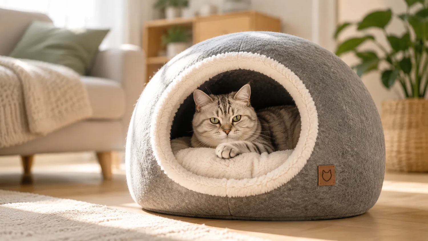 Kuschelhöhle für Katzen – entspannte Hauskatze liegt in einer gemütlichen Filz-Katzenhöhle mit weichem Kissen in einem modernen Wohnzimmer.
