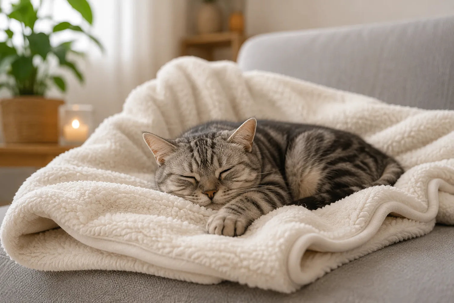 Katzendecke – entspannte Hauskatze liegt auf einer weichen Kuscheldecke in einem modernen Wohnzimmer und genießt einen gemütlichen Schlafplatz.