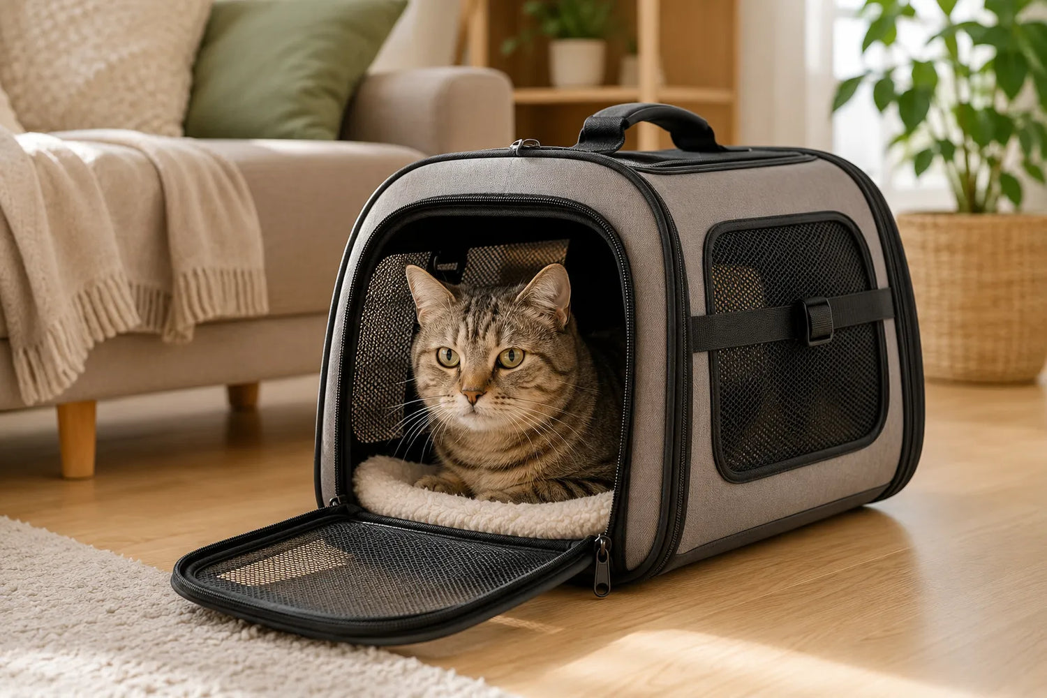 Transporttasche für Katzen – entspannte Hauskatze sitzt in einer hochwertigen Katzentransporttasche mit Mesh-Einsätzen in einem modernen Wohnzimmer.