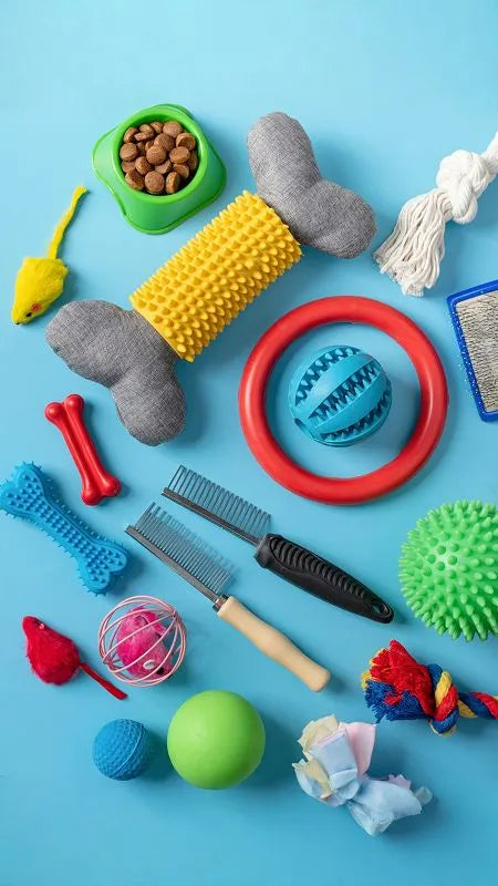 Verschiedene Tierzubehörteile wie Spielzeug, Bürsten und Näpfe auf blauem Hintergrund.