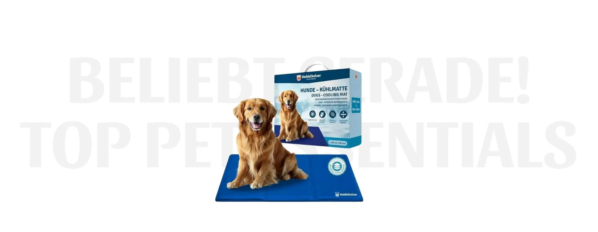Zwei Golden Retriever sitzen auf einer blauen Veddelholzer Kühlmatte, neben der Produktverpackung mit Größenangabe.