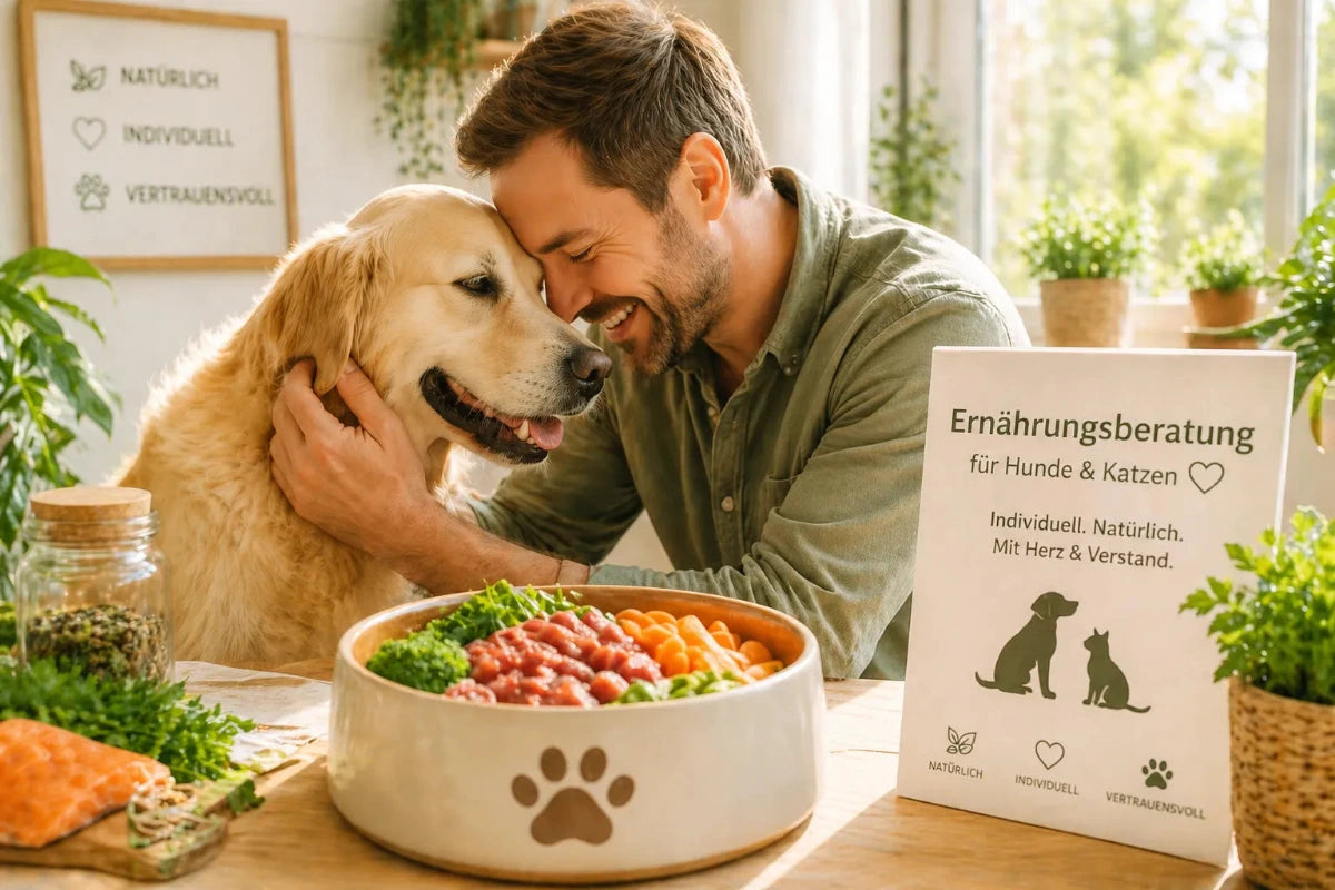 Mann mit Hund in inniger Verbindung bei individueller Ernährungsberatung für Hunde und Katzen – natürlicher Napf mit frischem Futter im Vordergrund