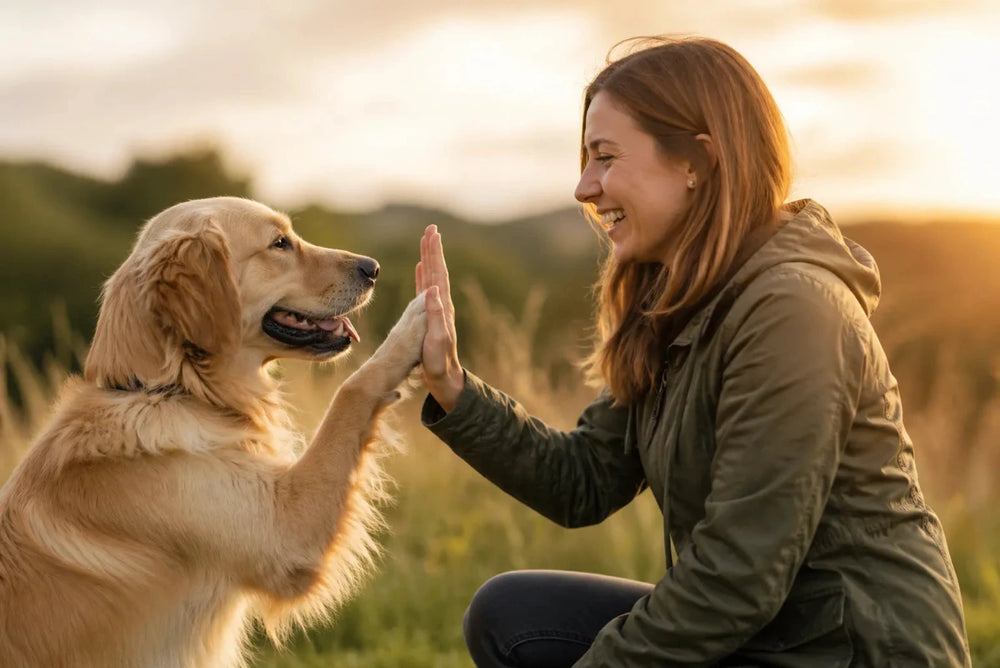 Frau und Hund geben sich ein High-Five im Sonnenuntergang – Symbol für Vertrauen, respektvolle Zusammenarbeit und starke Partnerschaft.