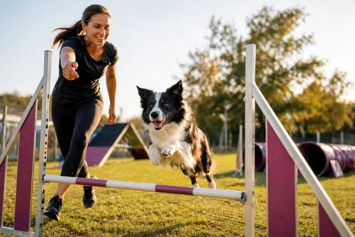 Aktiver Hund beim Agility-Training springt über Hindernis während Mensch ihn motiviert begleitet – dynamische Hundesport Szene mit Fokus auf Bewegung, Vertrauen und Zusammenarbeit