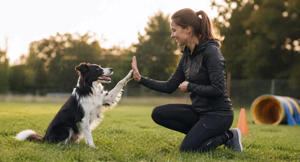 Frau trainiert spielerisch mit ihrem Hund auf einer Wiese – fördert Gesundheit, Vertrauen und Wohlbefinden im Alltag.