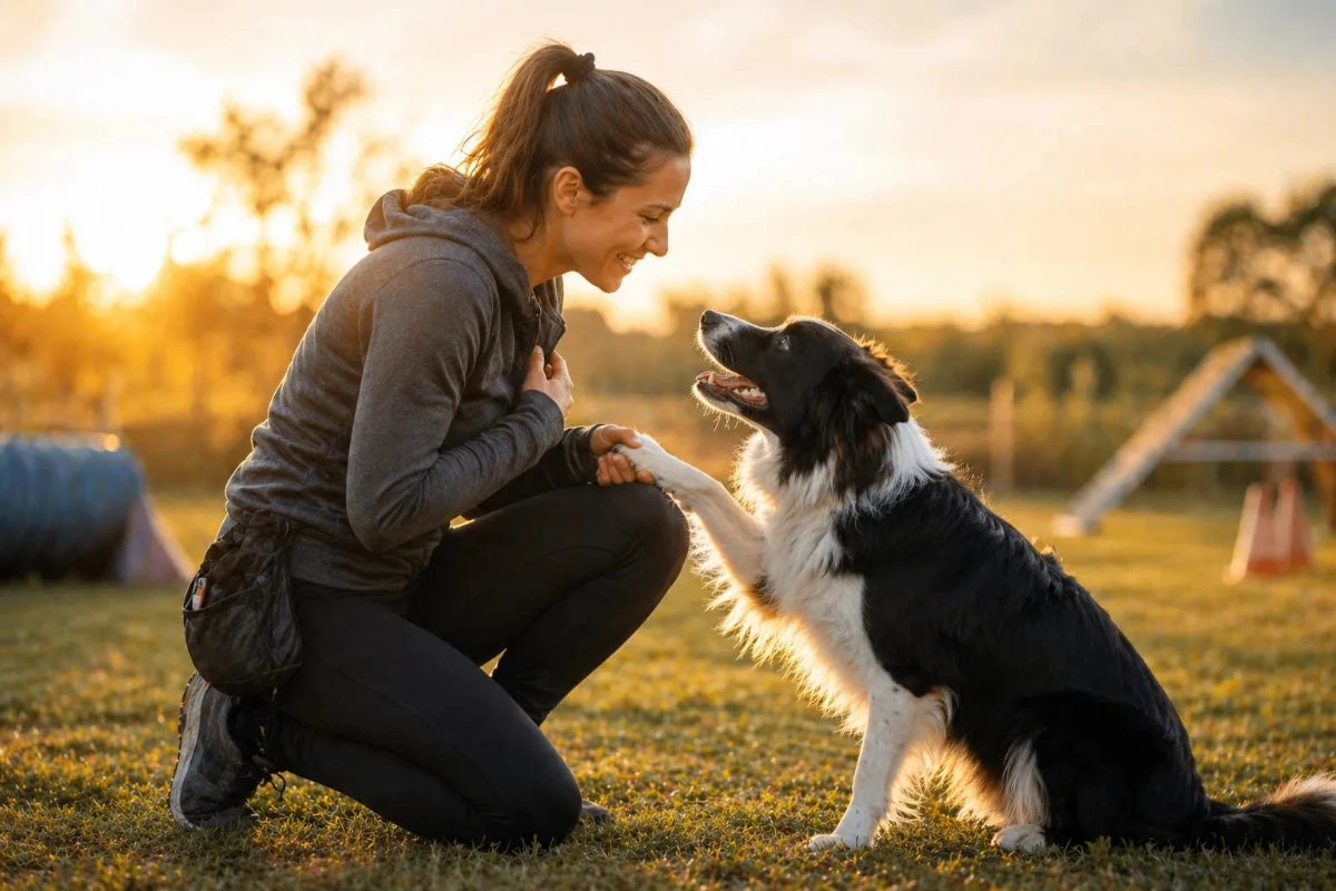 Mensch und Hund im Training teilen einen emotionalen Moment – Hund gibt Pfote und blickt aufmerksam, während der Mensch ihn liebevoll lobt, im Hintergrund eine Hundesport-Umgebung bei Sonnenuntergang
