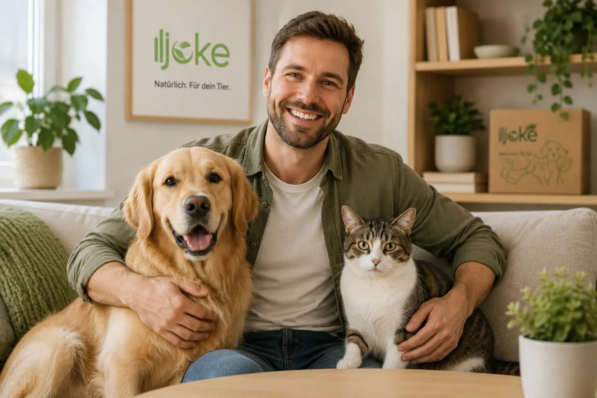 Tierhalter mit Hund und Katze im Wohnbereich – Symbol für Kundenservice, Vertrauen und persönliche Betreuung.