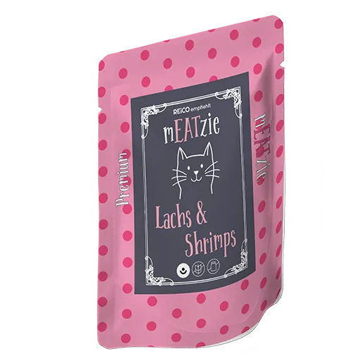 meATzie Lachs & Shrimps Katzen Nassfutter – hochwertiges Premium Nassfutter für Katzen mit Lachs und Shrimps für eine artgerechte und ausgewogene Ernährung.