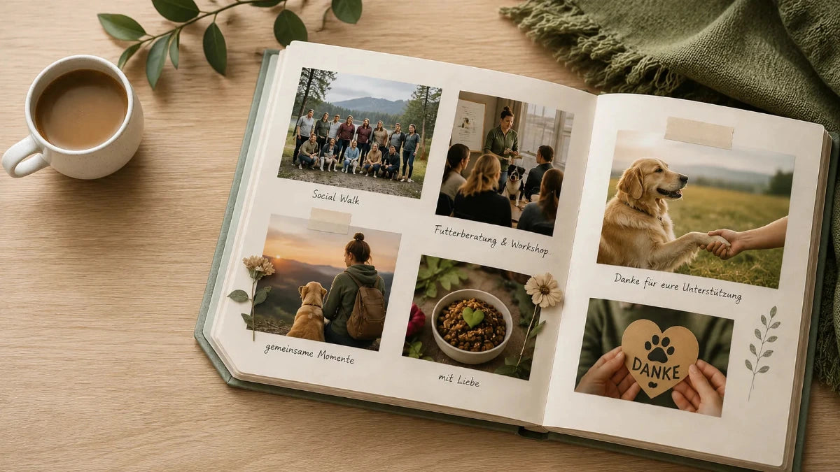 Ein aufgeschlagenes Fotoalbum mit Erinnerungen an Social Walks, Futterberatungen, Charity-Aktionen und gemeinsamen Momenten der iljoke Community.