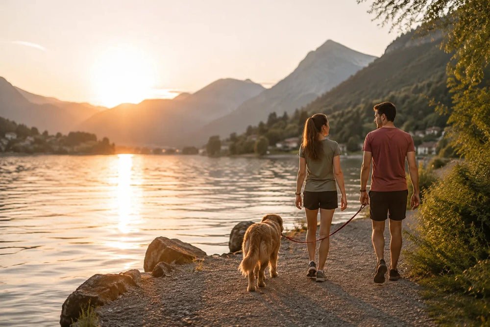 Gemeinsamer Spaziergang mit Hund am See während des Sonnenuntergangs – Social Walk für Begegnung, Training und gemeinsames Erleben.