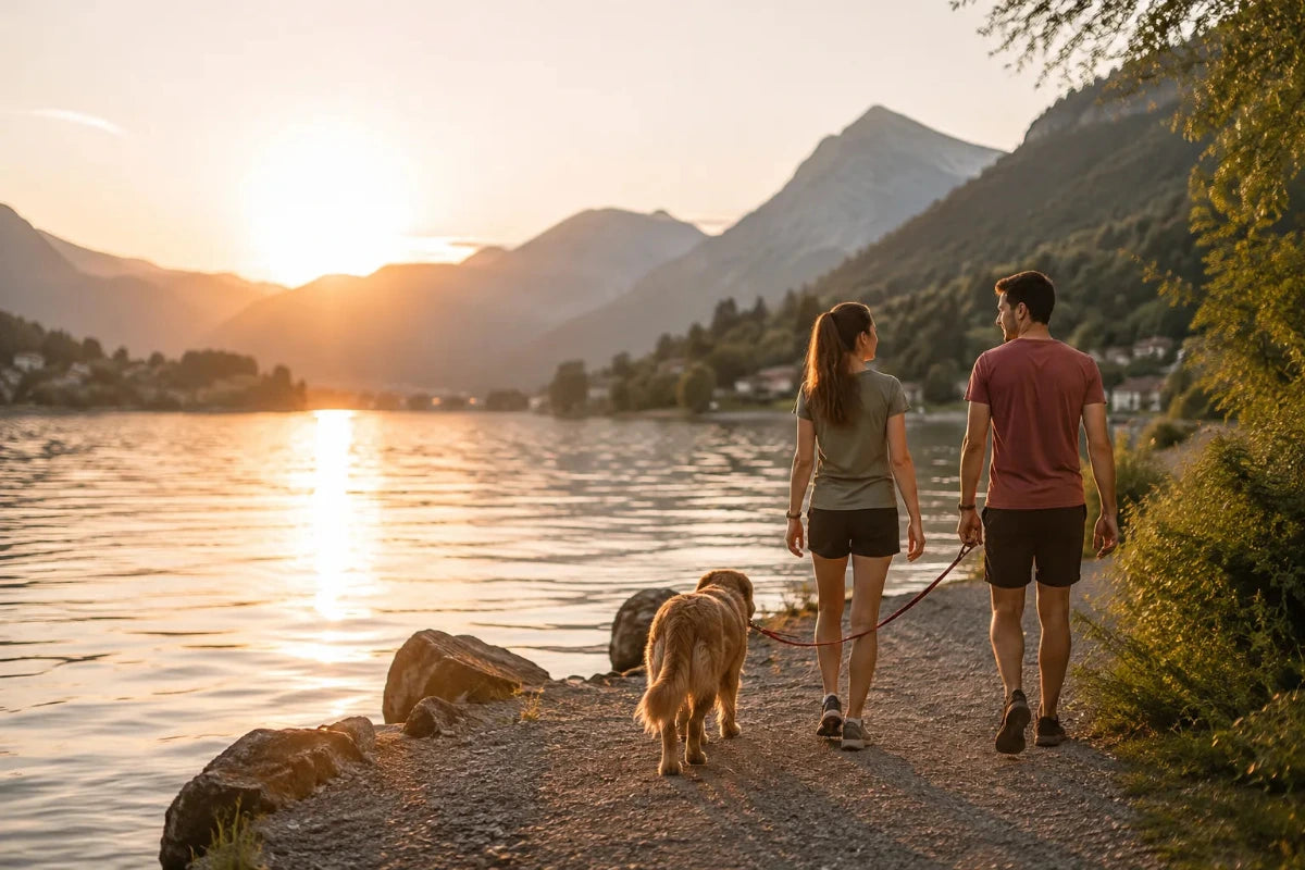 Menschen gehen mit ihrem Hund bei einem Social Walk in der Natur spazieren